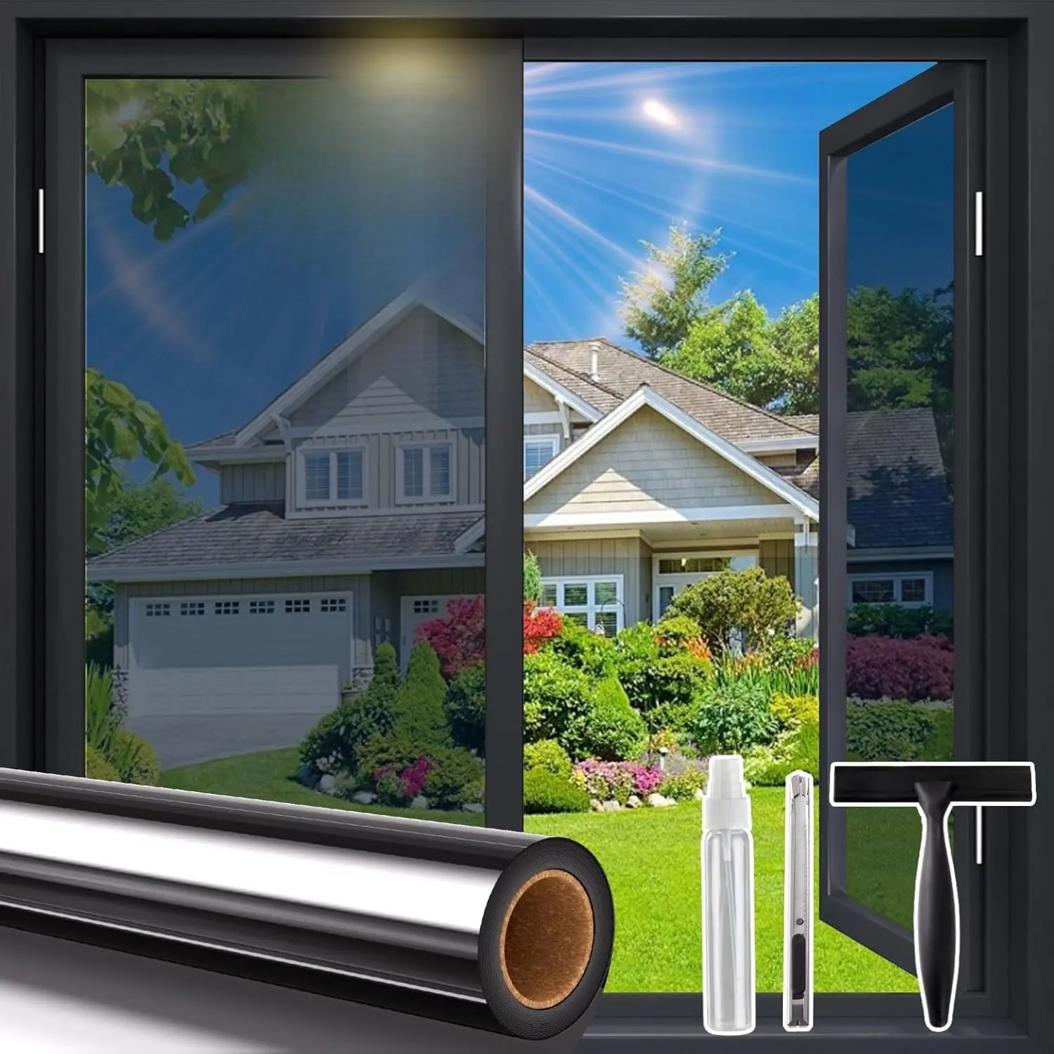 Window Privacy Film One Way, Window Tint for Home, Daytime Reflective Mirror Glass Windows Coverings Heat UV Blocking See Out Not in, Black, 17.5 x 78.7 Inch