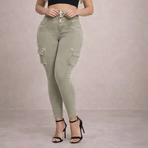 Gintra Cargo with Faja Panty 4 Bottoms Push Up Made in Colombia Womenswear Olive Green Jeans with Pockets Denim Basic Casual Fashion Style Everyday