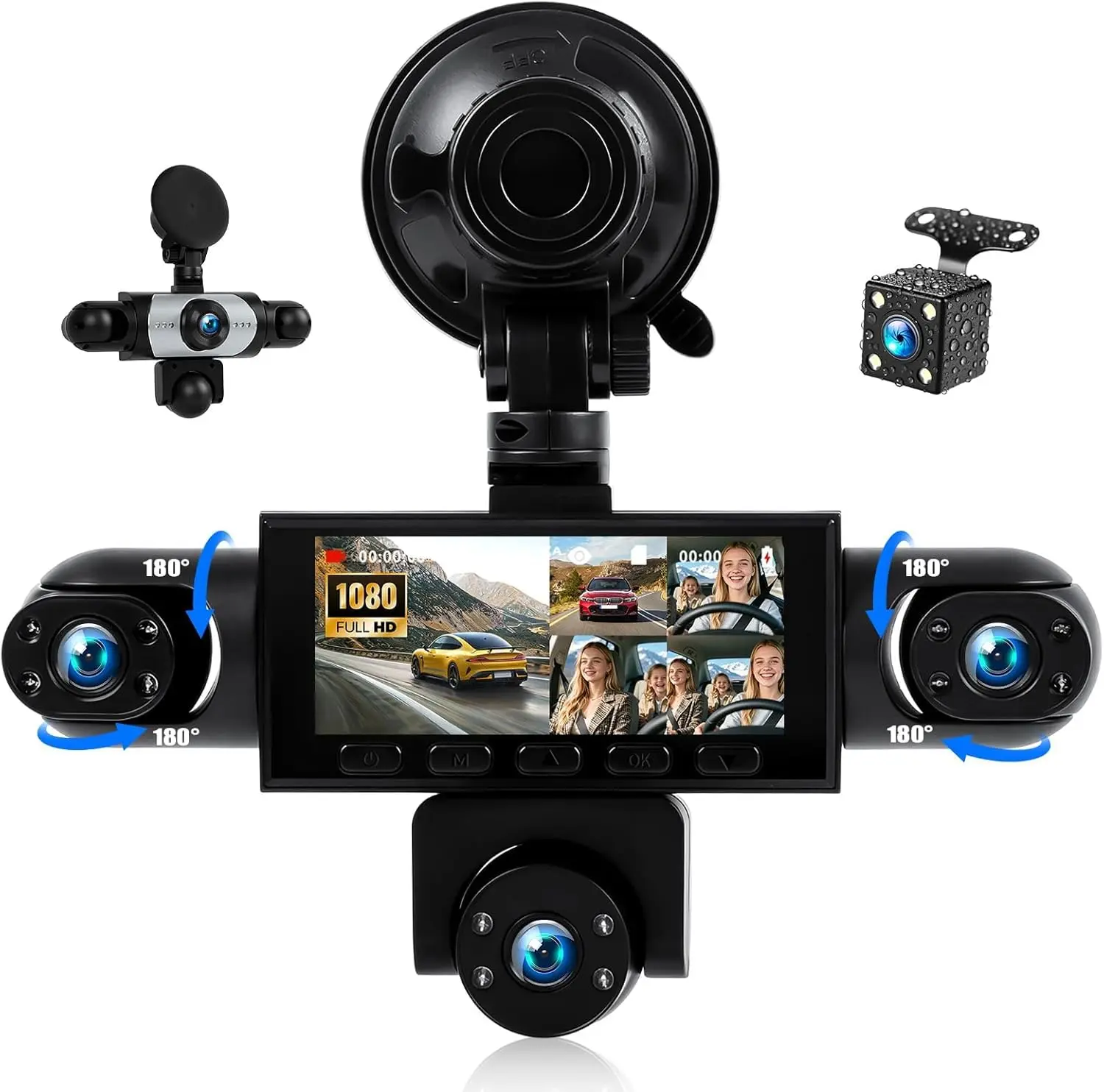 5 Channel Dash Cam 360°Wide Angle Dash Camera for Cars 1080P with Loop Recording Night Vision Reversing Help 3.16-inch Dash Cam Front and Rear