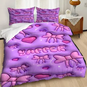 2/3Pcs High Saturation Purple Bow Love Pattern Down Duvet Cover Set, Sweet and Cool Style Bedding Set, Comfortable Fabric, Matched with Teenage Home Decoration and Dreamy Bedroom Atmosphere, Including 1 or 2 Pillowcases - No Padding/Zipper Closure
