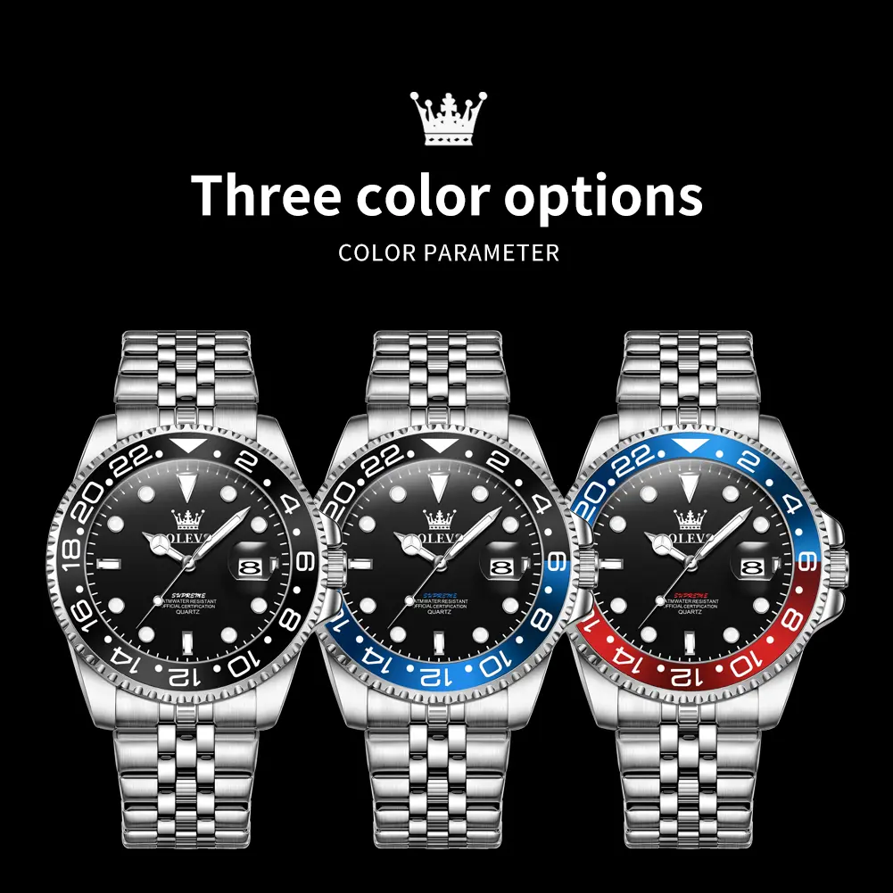 OLEVS Men's Modern Minimalist Quartz Watch, 41mm Sports Timepiece with Iconic Red Blue Rotating Bezel, Black Dial, Luminous Hands & Date, 3ATM Water Resistant, Modern Minimalist Quartz Watches, Slim Waterproof Quartz Watches
