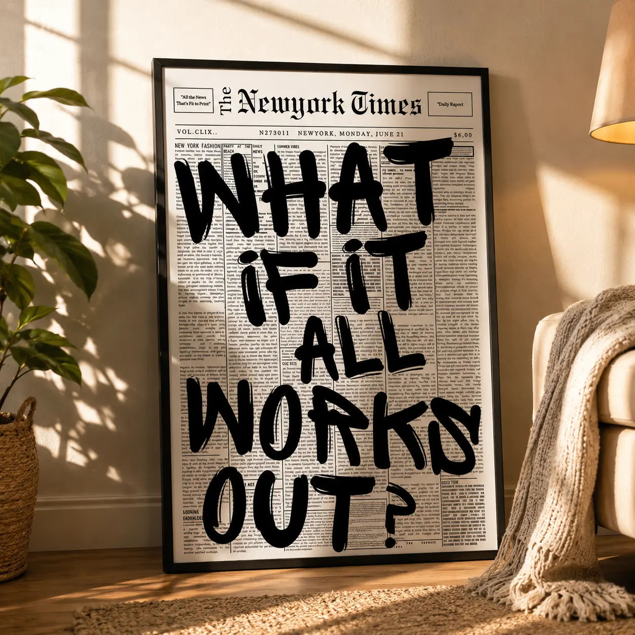 Hangable "What If It All Works Out" Inspirational Canvas Poster with Black Wood Frame - Modern Minimalist Wall Art Print, Multi-Size Home Decor Gift for Bedroom, Balcony, Wardrobe Decoration