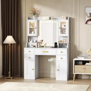 Vanity Desk with LED Mirror & Charging Station, White and Gold Large Makeup Dressing Table with 3 Light Modes RGB Ambient Light, 6 Drawers Cabinet Adjustable Shelves, App Remote Control Modern Bedroom Makeup Vanity for Women