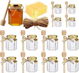 12-Pack 4oz Hexagonal Glass Honey Jars with Gold Lids, Wooden Dippers, Bee Charms & Jutes - Home Storage Jars & Bottles for Baby Shower, Wedding Gift Favors hex
