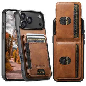 Fin Leather Wallet Case for iPhone 17 Air Pro 16 16e 15 14 13 12 Pro Max Plus Cover Elastic Card Pocket Stand Holder Shell Fundas