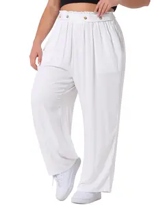 Agnes Orinda Plus Size Palazzo Stretchy High Waisted With Pocket Wide Leg Long Pants White