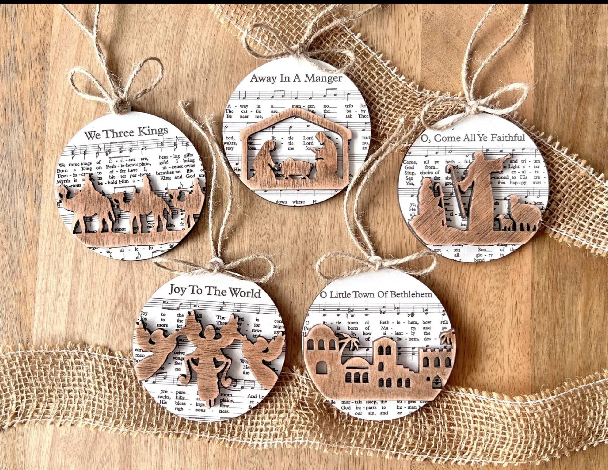 3D Engraved Handmade Wooden Nativity Christmas Ornaments Featuring Away In A Manger Joy To The World Scenes for Tree & Home Decor