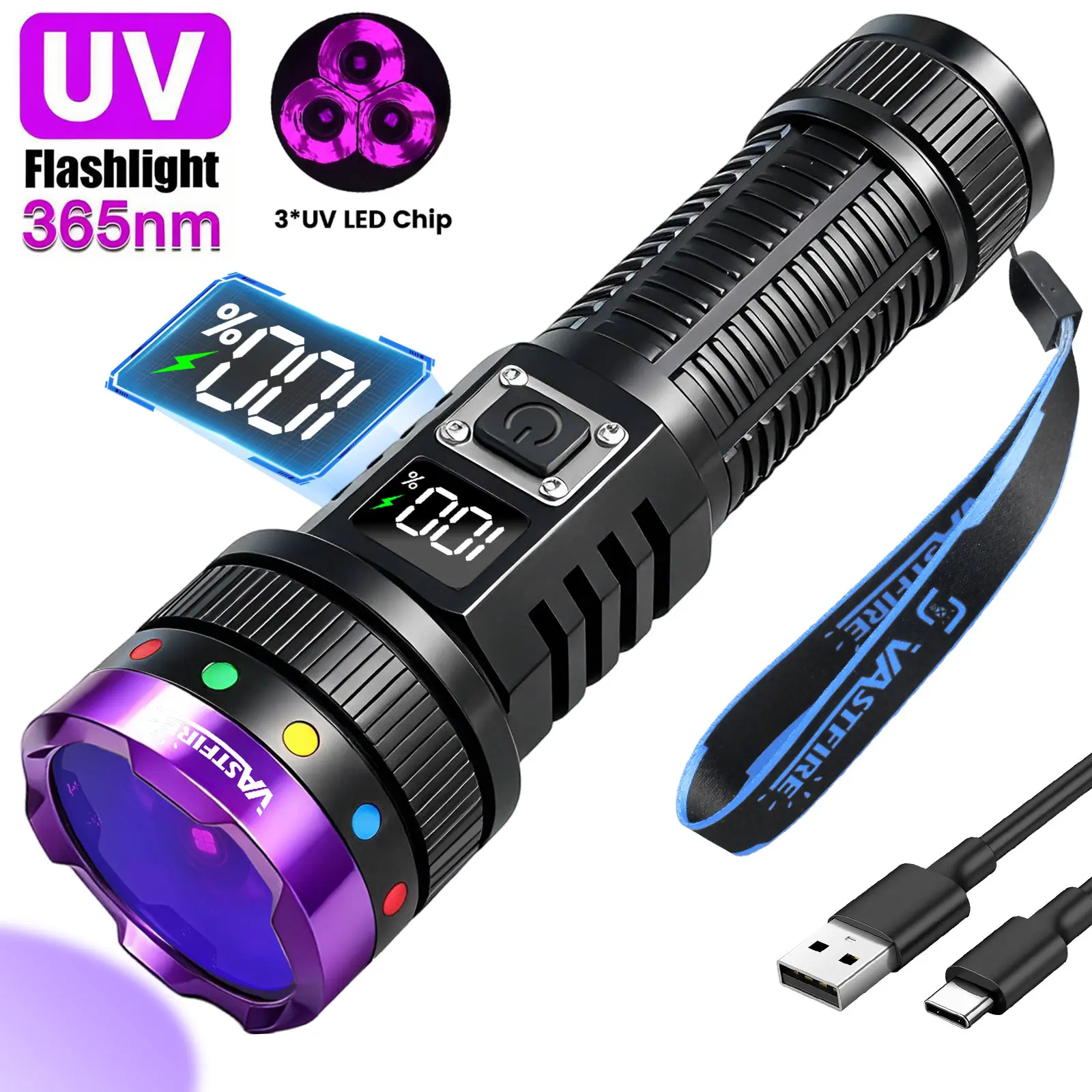 30W Rechargeable 365nm LED UV Flashlight with Filter Lens & LCD Display, High-Power Blacklight for Resin Curing, Pet Urine Detection, Outdoor Adventures
