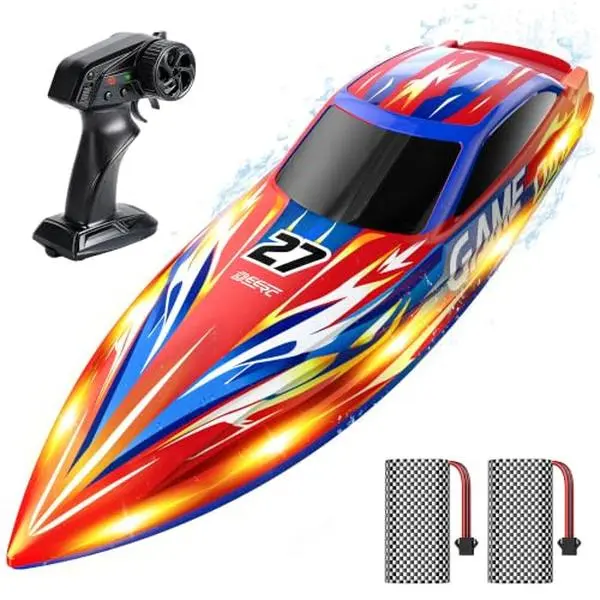 DEERC HJ826 High Speed RC Boat for Kids, 25+KPH Remote Control Boat with LED Lights, Capsize Recovery,2x1300mAh Batteries 30 Min, 50+ Pad-Printed Details, 2.4GHz Racing Boat for Pool & Lake HJ826