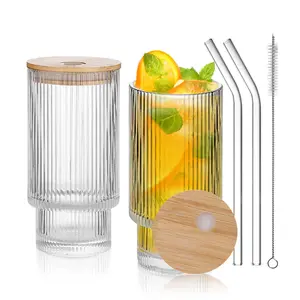 Glass Cups with Lids and Straws, 16oz Ribbed Drinking Glasses Tumblers Durable Drinkware Water Glasses Cup Ideal Gift for Home, Kitchen, Office