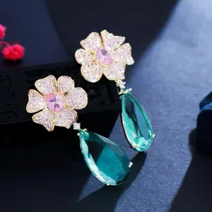 Pink Cubic Zirconia Dangle Drop Flower Earrings - Elegant Design with Sparkling Gemstone Accents