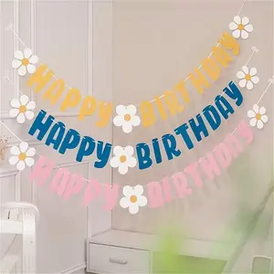 Birthday & Daisy-Themed Party Decor — Small Felt Flower Banner and Soft "First Birthday" Sign. A versatile design suitable for christenings, everyday decoration, and various party settings.