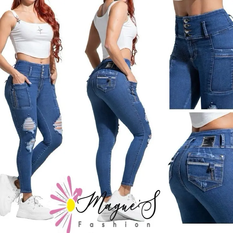 J129-64526-Push Up Colombian Jean Women's Stylish Denim with Distressed Details and Push-Up Effect