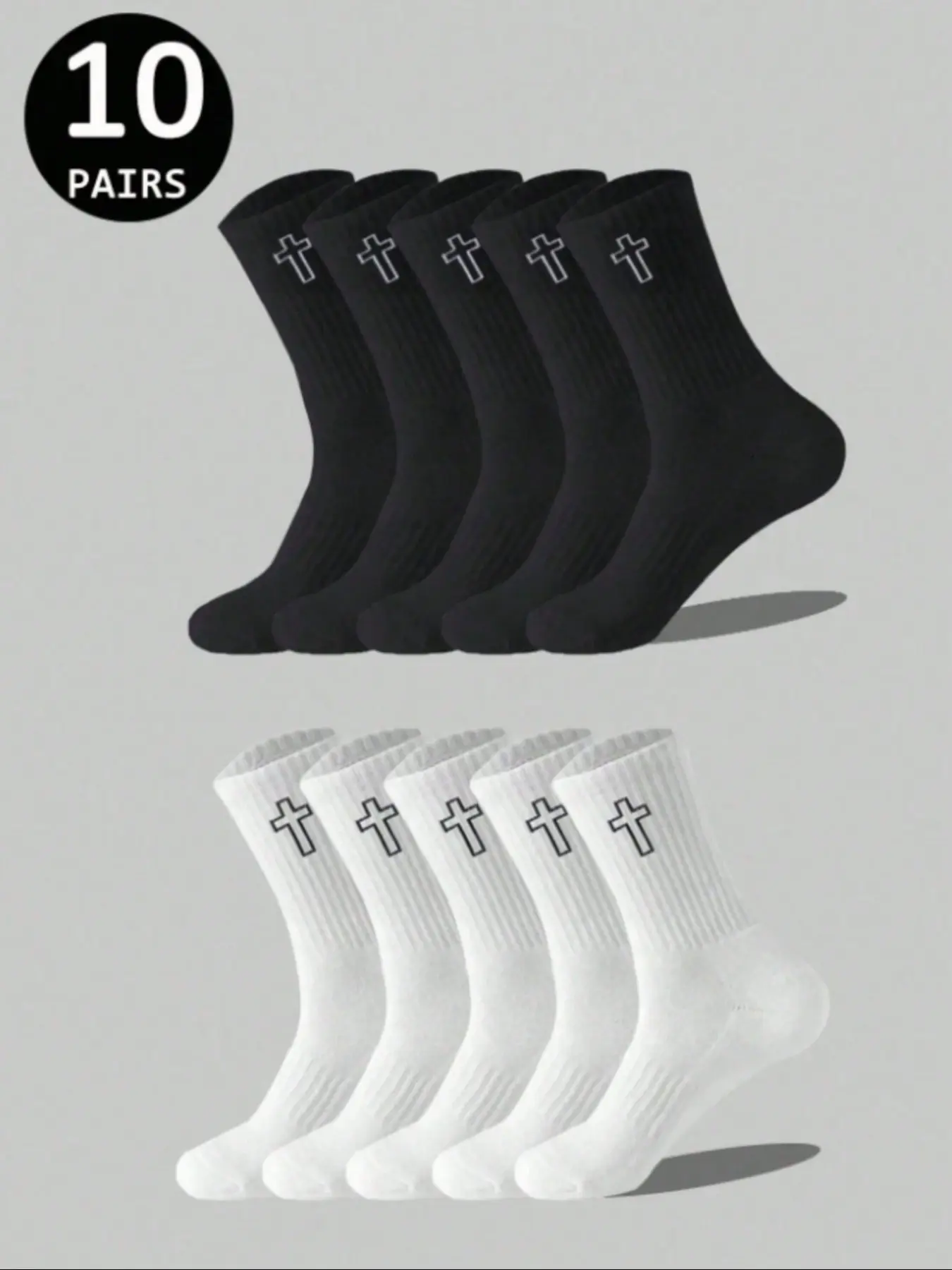 10 Pairs Mixed Cross Pattern Mid-Calf Socks, Breathable Anti-Odor Sports Socks, Athletic Running Socks, Sporty Style, All Seasons, Random Print