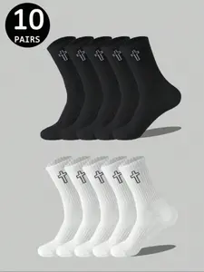 10 Pairs Mixed Cross Pattern Mid-Calf Socks, Breathable Anti-Odor Sports Socks, Athletic Running Socks, Sporty Style, All Seasons, Random Print
