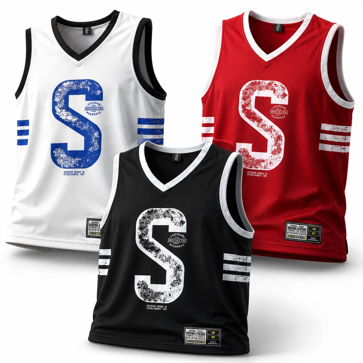 3pack  Men's Basketball Jersey, V-Neck Sleeveless Tank Top, White, Black, Red, Legendary Brooklyn Graphi