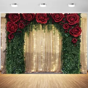 Red Rose Wedding Backdrop Gold Sequin Floral Style Polyester Fabric Photography Background Wrinkle Resistant HD Print Bridal Party Decor Photo Booth