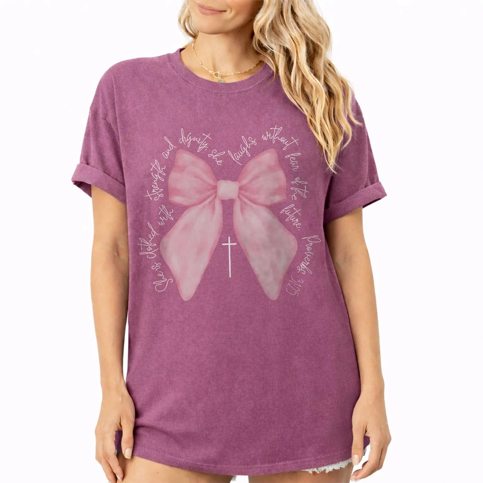 Comfort Colors She Is Clothed With Strength and Dignity Shirt, Coquette Christian Bow Shirt, Proverbs 31:25 Bible Verse Graphic Tee, Gift for Christian Women