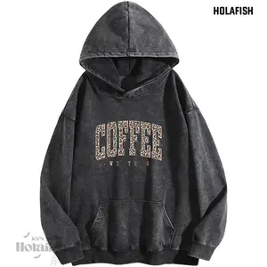 Holafish COFFEE Acid Wash Hoodies Fall Shirt Women's Vintage Oversized Hoodie Cozy Cotton Polyester Blend Winter Warm Sweatshirt Loose Fit Streetwear for Casual Cold Weather Outfits Long Sleeve Pullover