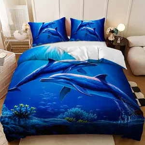 Bedding 3-piece set - 3PCS,Blue and white dolphin underwater play design down comforter set (1 duvet cover + 2 pillowcases, filling not included). soft and comfortable, suitable for family bedrooms.