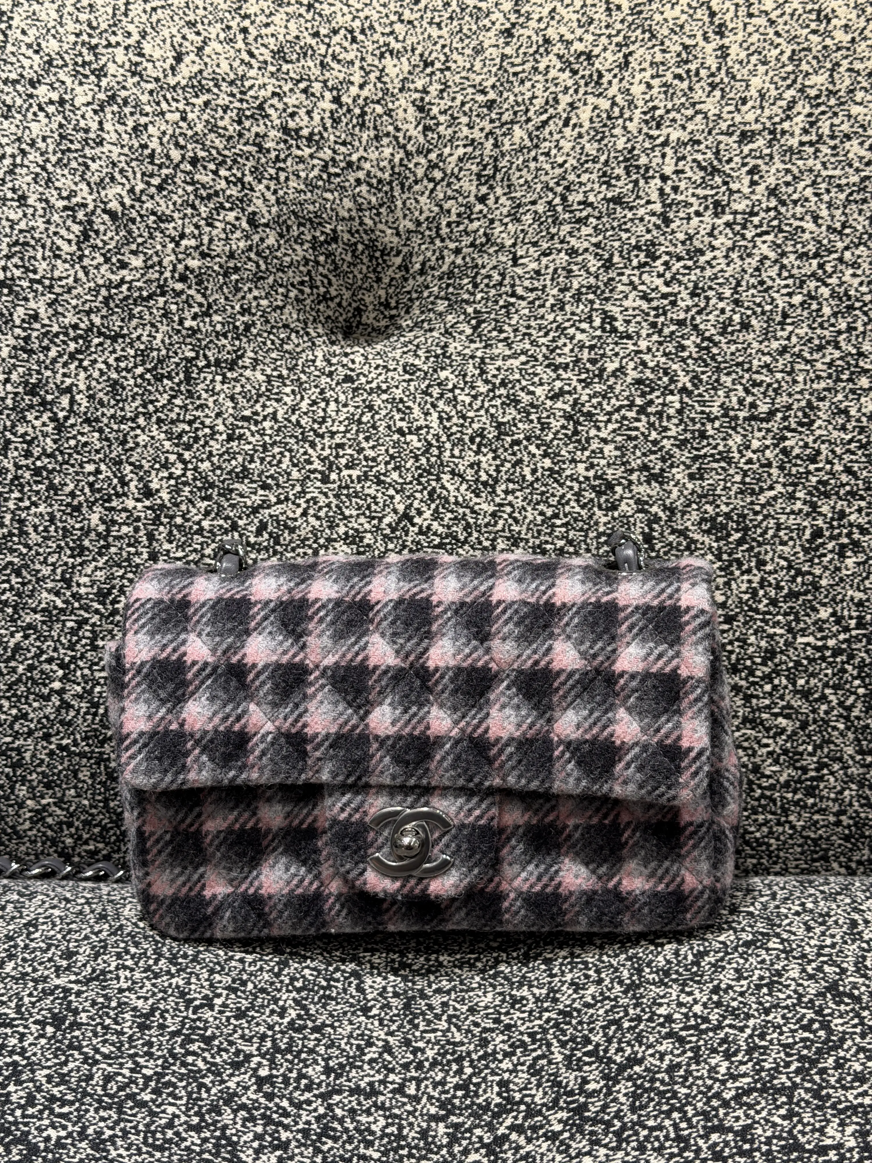 Pre-owned CHANEL Wool Plaid Quilted Mini Rectangular Flap Pink Grey Multicolor