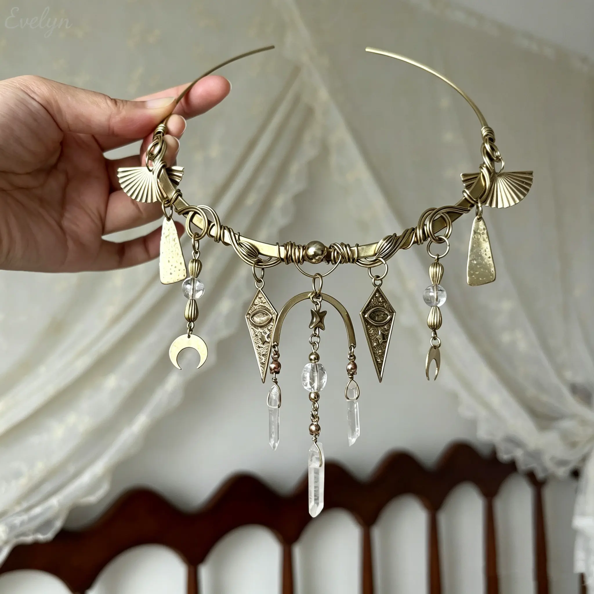 Women's Vintage Moon-Crystal Choker Necklace - Gothic, Crystal Element, Dark Magic Girl Style, Celestial Goth, Antique Brass Tassel Pendant Occult Costume Jewelry, Gothic Necklaces, Crystal Element Necklaces
