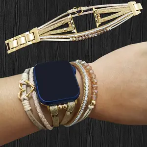 Handmade Heart Beaded Leather Strap for Apple Watch, Adjustable Women's Smartwatch Band Fits Series 1-10 & Ultra, Perfect Gift, Smartwatch Accessories, Smart Watch Straps