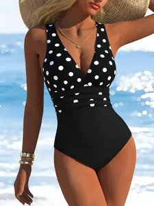 New Women's Fashion One-Piece V Neck Swimsuit, Slim Fit Bodycon, Dot Print, Perfect for Hot Springs and Swimming