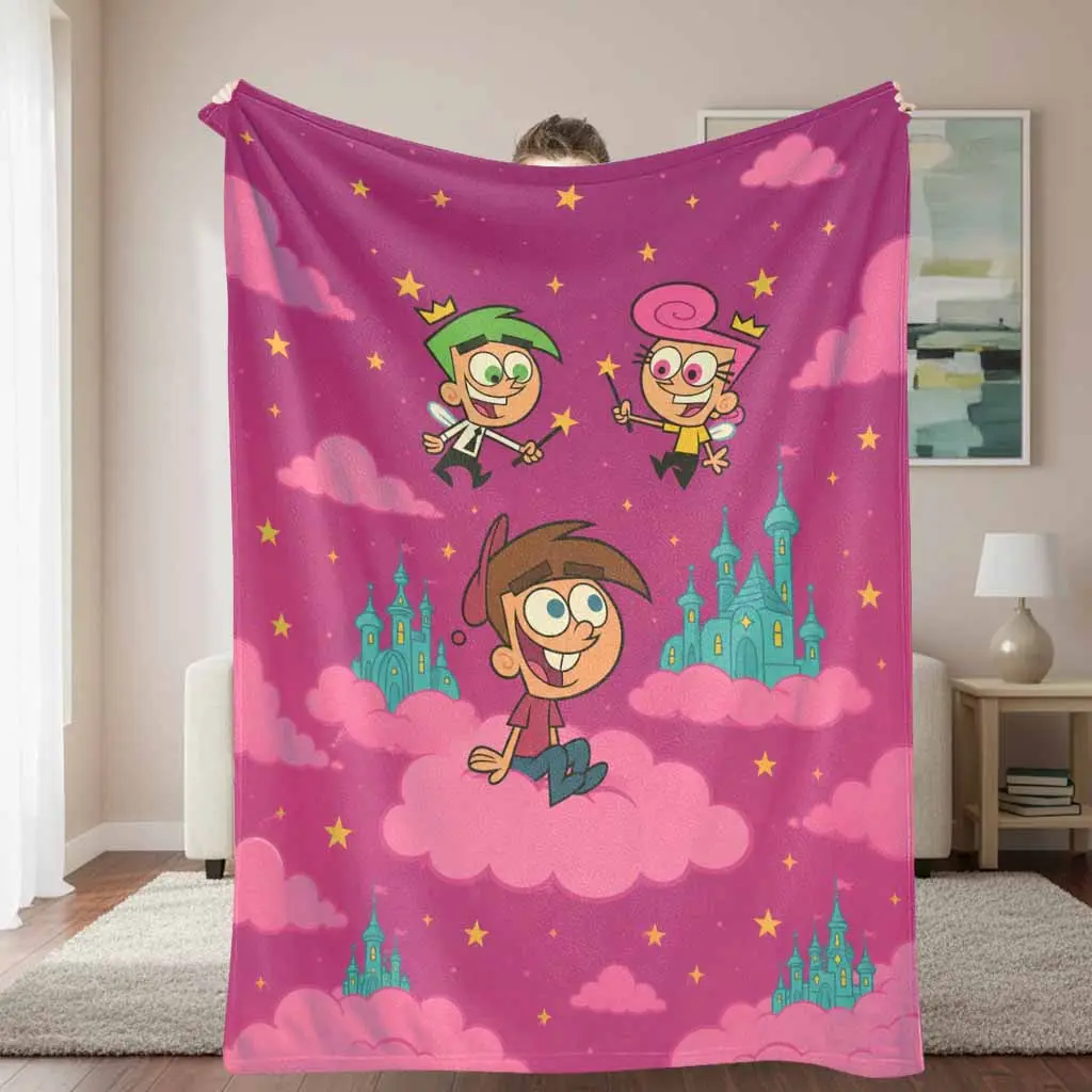 Fairly OddParents Flannel Fabric Blanket, Cartoon Art Magical Fairy Castle Print, Super Soft Plush Single-Piece Throw, Multi-Size Warm Cozy Lightweight Bedding Cover, Ideal for Couch-Travel Use, Perfect Gift for Living Room Camping
