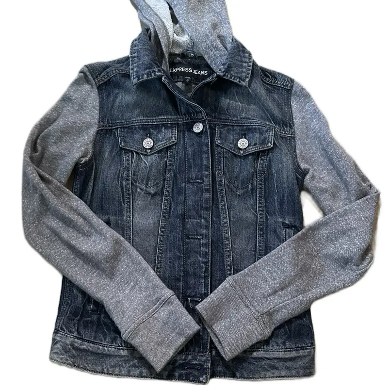 Lindsay's Love Me Again Creations-Denim Jacket with Gray Sleeves and Express Jeans Logo- Upcycled for an exciting, unique look
