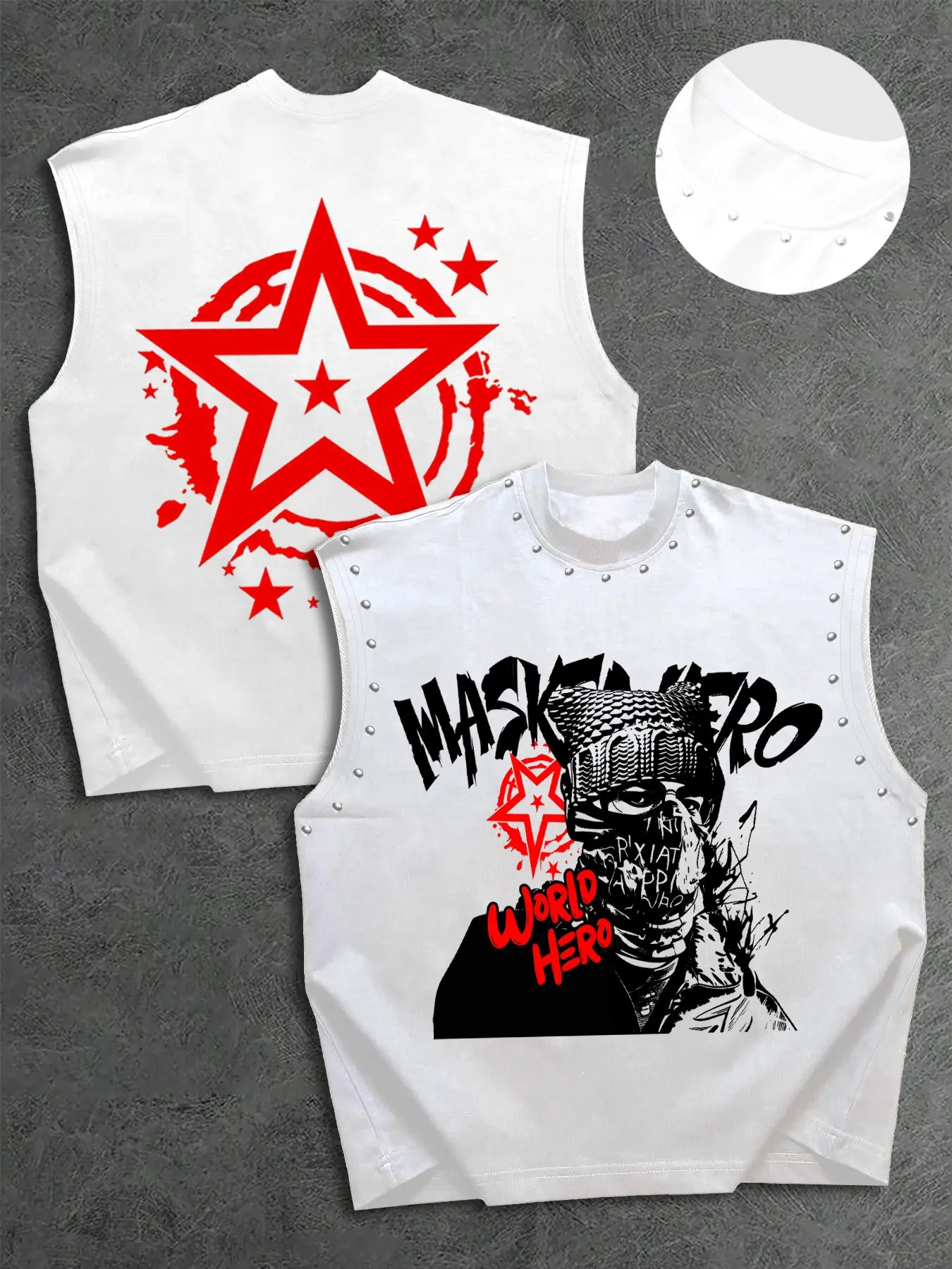 Men's Graphic Vest, Casual Sleeveless Tank, Sleeveless Printed, Front Mask Hero Graffiti & Thug Image, Back Star Totem, Soft Fabric, Loose Fit, Casual Style