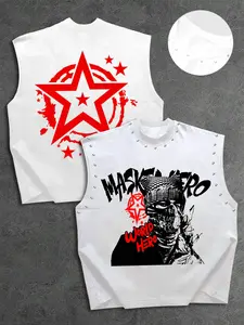 Men's Graphic Vest, Sleeveless, Front Mask Hero Graffiti & Thug Image, Back Star Totem, Soft Fabric, Loose Fit, Casual Style