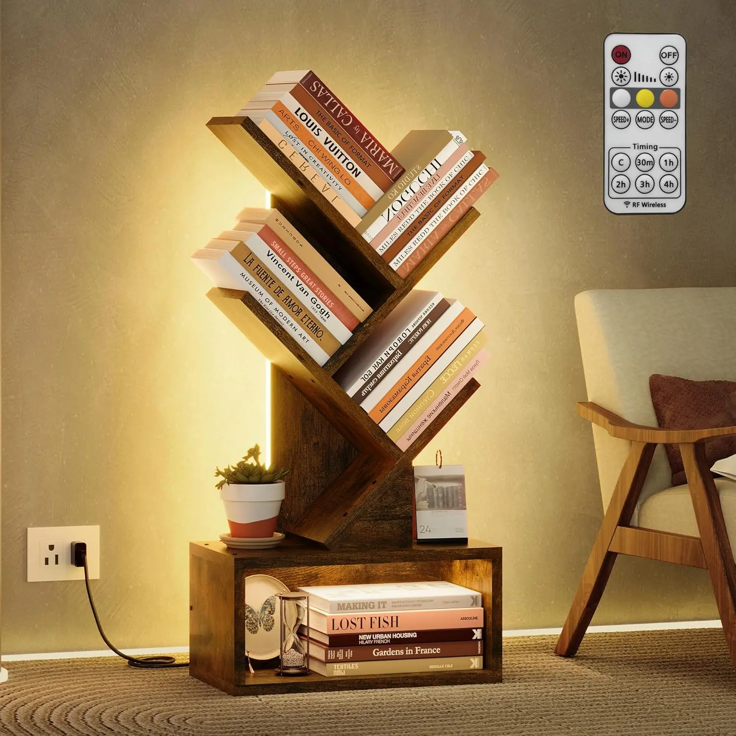 3 Tier Tree Bookshelf with LED Lights, Small Bookcase with Drawer, Desktop Organizer Book Shelf, Display Floor Standing Storage Shelf, for Living Room, Bedroom, Office, Rustic Brown