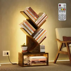 3 Tier Tree Bookshelf with LED Lights, Small Bookcase with Drawer, Desktop Organizer Book Shelf, Display Floor Standing Storage Shelf, for Living Room, Bedroom, Office, Rustic Brown