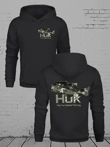 Huk Men's Fishing Hoodie, Dark Green Camo Pullover, Performance Outdoor Sweatshirt, Stylish Fish Graphic, Comfortable Angler Gear for Fishermen
