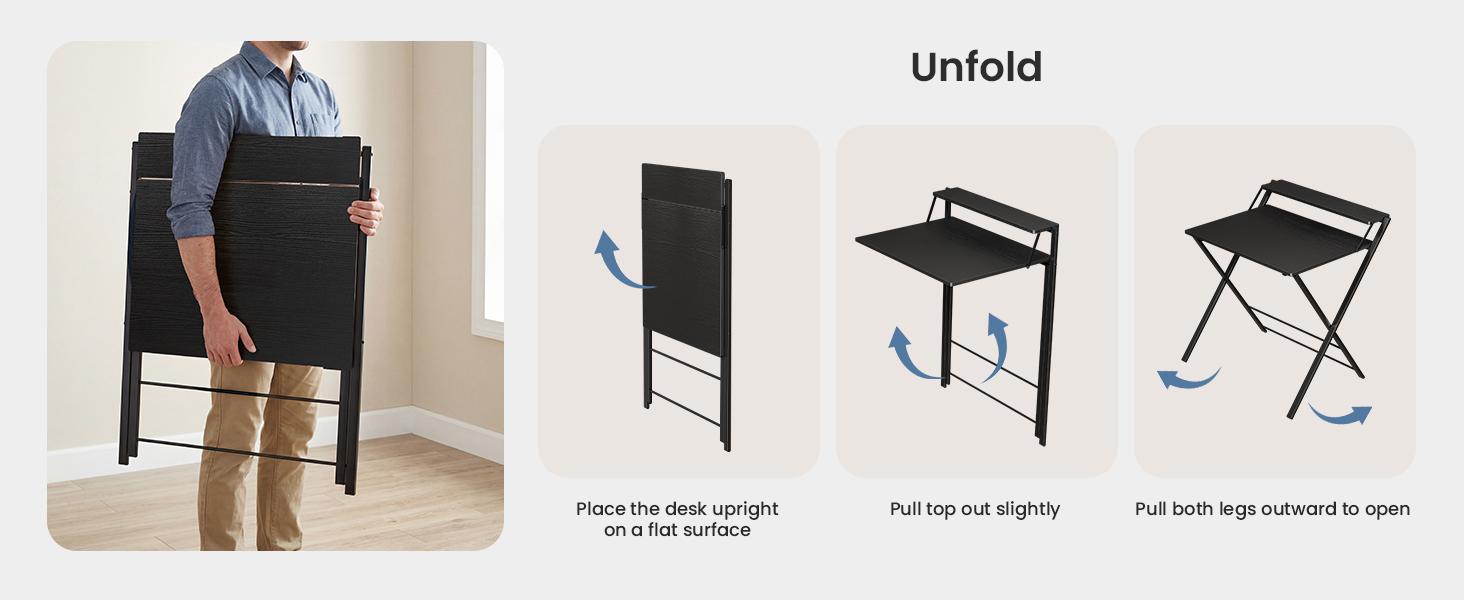 Folding Desk No Assembly, Sturdy Computer Desk for Small Spaces | Portable Foldable Table for Laptop, 2-Tier Compact with Shelf, Space Saving for Home Office, Dorm, Apartment