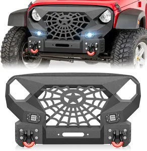 【EYOUHZ】Front Bumper Grille Compatible with 2007-2018 Jeep Wrangler JK JKU Unlimited 2/4 Doors with 12,000 LBS Winch Plate, 2 x 18W LED Lights & 2 x 4.75-ton D-rings, Off-Road Steel Bumper