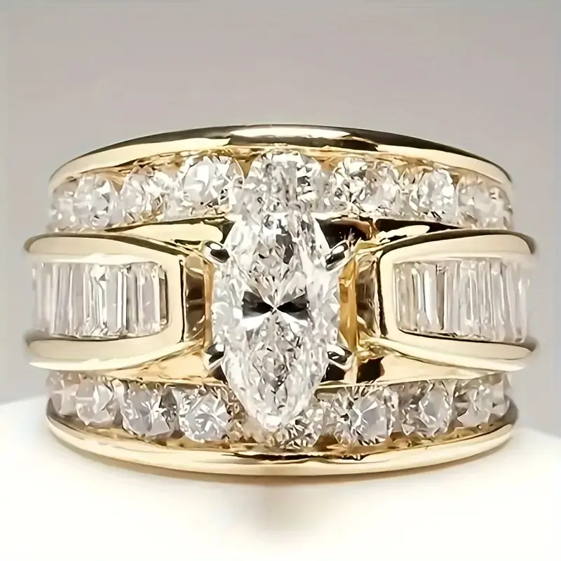 Fashion Artificial Crystal Decorated Ring, Wedding Engagement Party Accessories for Women, Trendy Accessories for Party and Daily Life   oval with 2 side stones 4  prong  engagement  ring weddingring set woman proposal Vintage Golden Moissanite Oval Ring