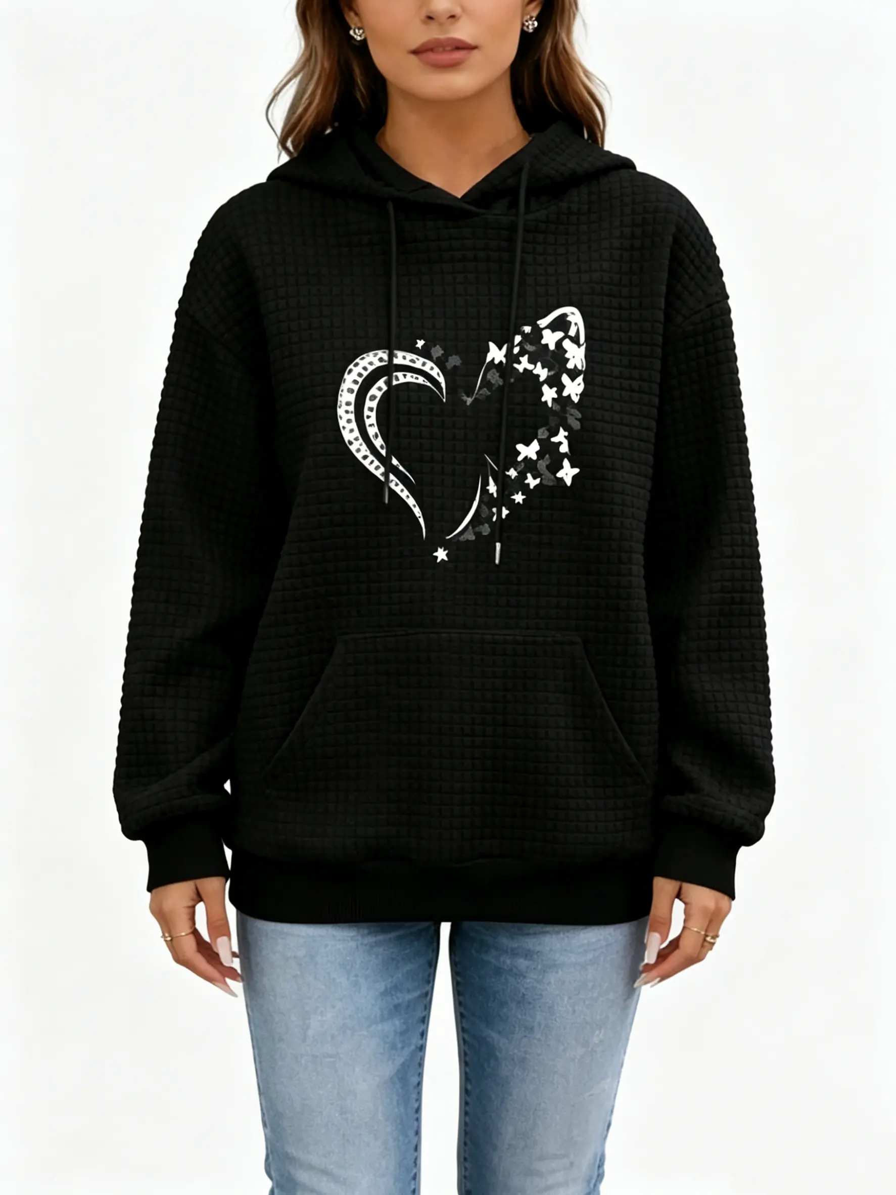 Butterfly Heart Graphic Waffle Knit Hoodie, Soft Comfy Pullover Sweatshirt, Casual Streetwear for Women Daily Wear