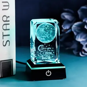 3D Moon Crystal Ball with LED Stand, Moon Figurine Decor Glass Sphere Lamp, Space Planet Globe Night Light Gifts for Women Men Mom Kids Vividly Engraved