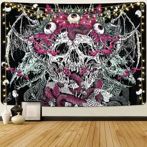 Skull Tapestry Trippy Skeleton Eyes Tapestry Goth Snake Tapestry Psychedelic Flowers Tapestry Large Horror Demon Tapestry Wall Hanging for Bedroom(70.9 x 92.5 inches)