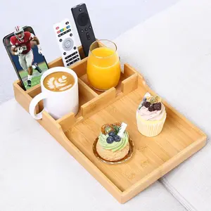 Couch Tray Insert for Middle Seat, Bamboo Couch Table with 2 Cup Holders, Fits Armless Sofa & Sectionals, Fold-Flat Tray for Drinks, Snacks & Remotes, Natural Bamboo