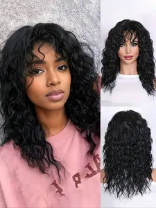 Long Black Curly Wig with Bangs, Women's Fashion Natural Elegant Style, High Temperature Fiber, Synthetic Wigs, Rose Net Cap, Suitable for Daily Wear, Holiday, Cosplay, Christmas, Parties, Music Festivals, Synthetic Hairpieces