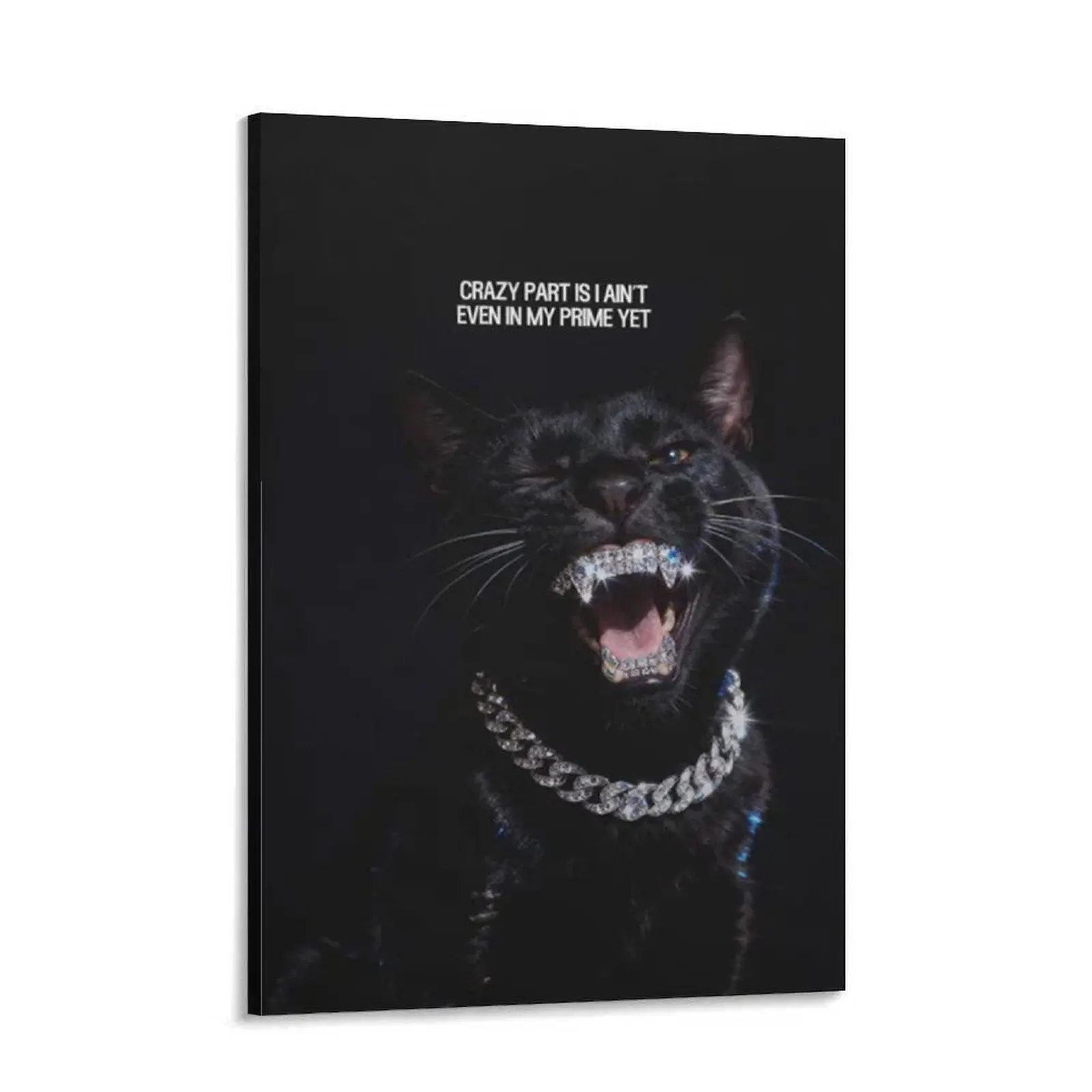 Artistic Inspirational Frameless Black Cat Canvas Painting - Customizable Animal Wall Art with "Crazy Part I Ain’t Even In My Prime Yet" Hustle Quote, 8x12in(20x30cm)/20x30in(50x75cm), House & Garden Decoration, Home Supplies Posters & Prints