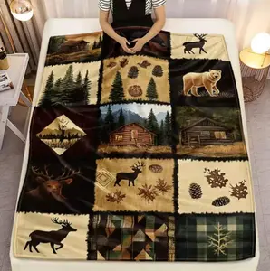 Rustic forest cabin deer bear blanket flannel country lodge decor hunting themed blanket cozy winter blanket