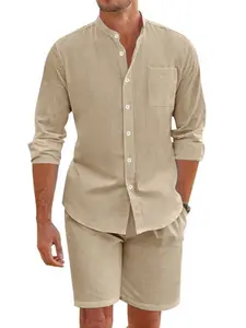 Men's Summer Linen Plain Button-Up Shirt Long Sleeve Shorts Cardigan Casual Loose Beach Set, 2026 Cross-Border Fashion