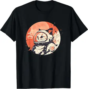 Japanese Minimalist 1950s Retro Space Cat Good Luck Kanji T-Shirt