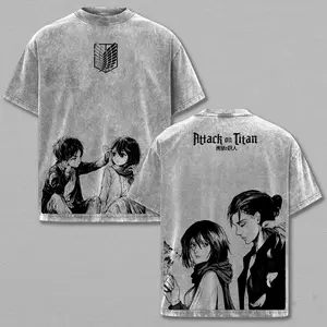 Eren Yeager x Mikasa Ackerman Tee Washed – Attack on Titan Washed Anime Manga T-Shirt, Vintage Washed Fate-Bound Duo Graphic Tee, Unisex Oversized Streetwear Shirt, Tragic War Bond Anime T-Shirt, Heavyweight Relaxed Oversize AOT Top, Gift For AOT Fans
