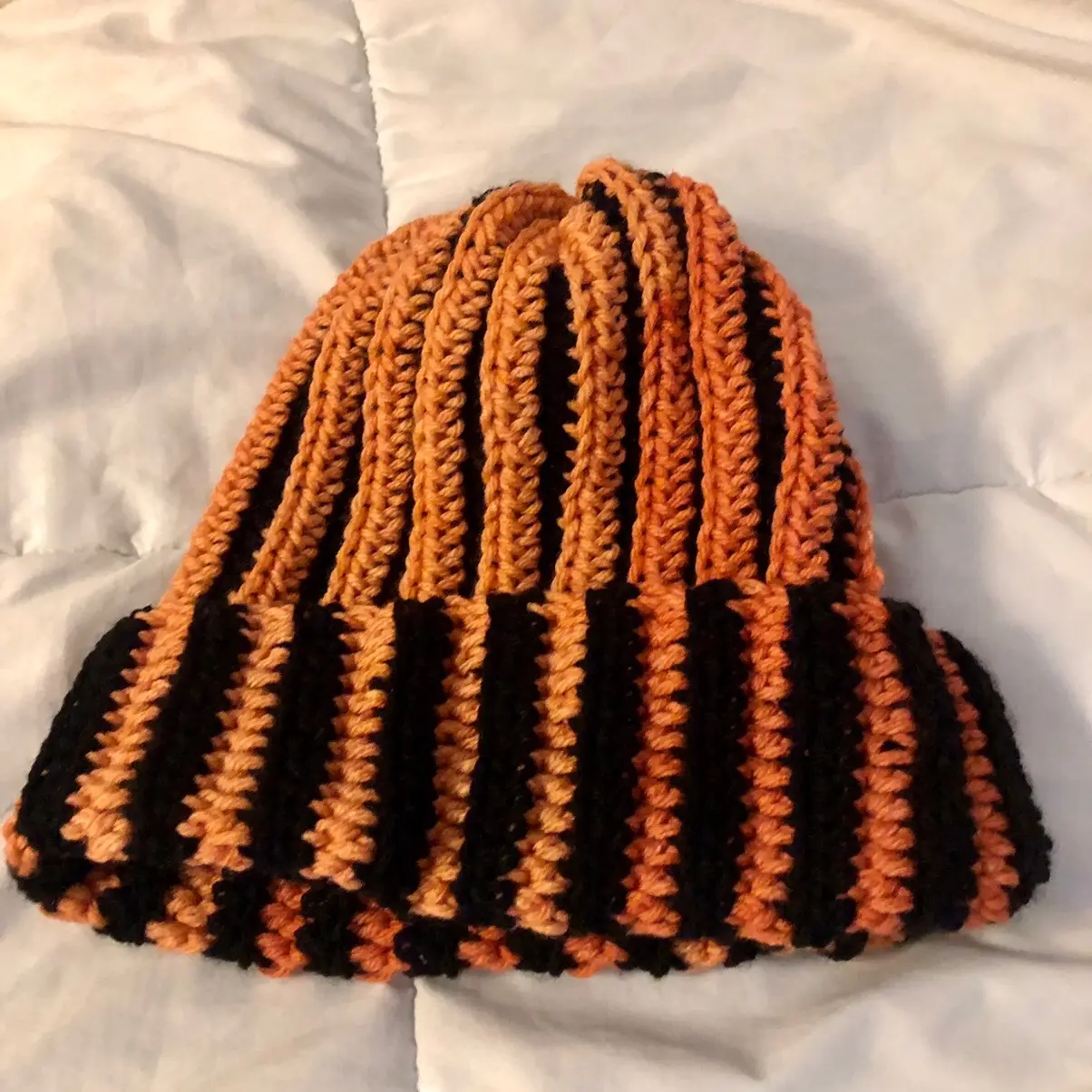 Crochet Orange Ombré and Black Striped Beanie Floral