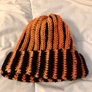 Crochet Orange Ombré and Black Striped Beanie Floral
